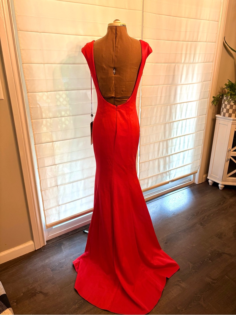 NWT Royal Queen Coral Cap-Sleeve Formal Gown with Low Back and Train - Picture 3 of 10
